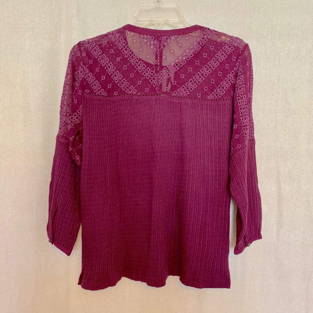 LUCKY BRAND Peasant Top Textured Plum Purple Fabric w/ Eyelet Detail Small